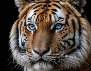 Close up of a tiger with blue eyes.  AI generated.