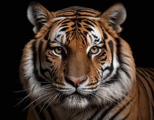 Close-up of a tiger. On a black background.  AI generated.