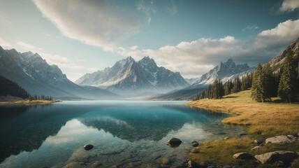 Fototapeta na wymiar Painting of a mountain lake with a mountain