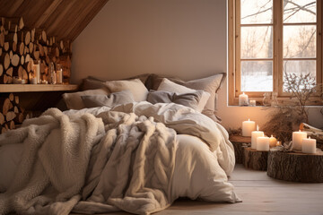 Cozy Winter Bedroom with Warm Candle Light.