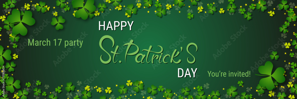 Poster st.patrick's day vector banner template. green background with clover leaves and design elements