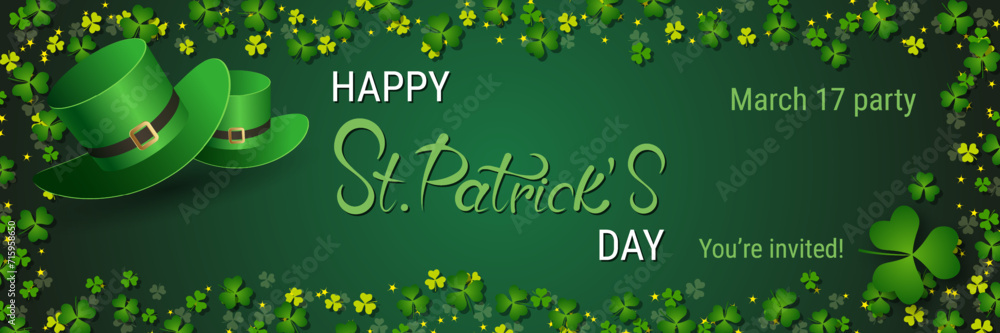 Poster st.patrick's day vector banner template. green background with clover leaves and design elements