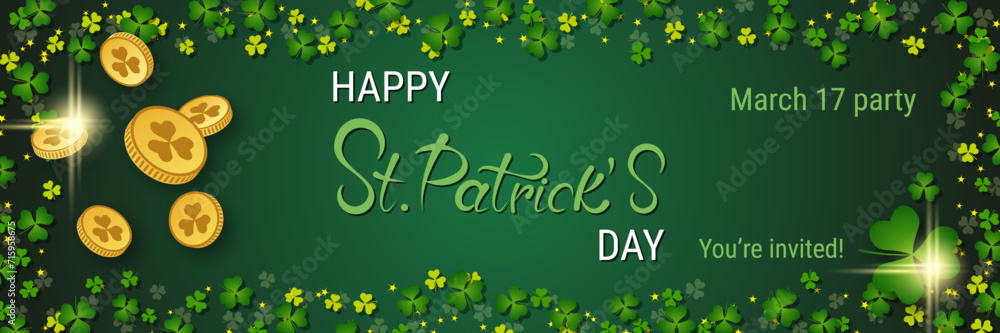 Poster st.patrick's day vector banner template. green background with clover leaves and design elements
