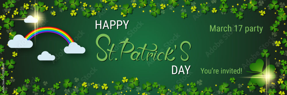 Poster st.patrick's day vector banner template. green background with clover leaves and design elements