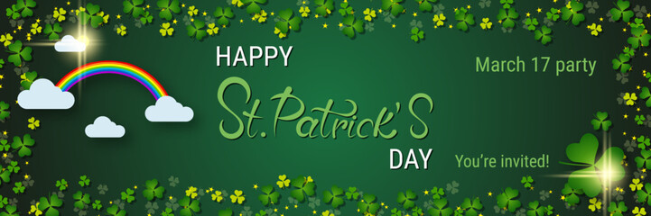 Fototapeta na wymiar St.Patrick's Day vector banner template. Green background with clover leaves and design elements