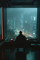 Silhouette of person standing in modern futuristic building against dark neon city