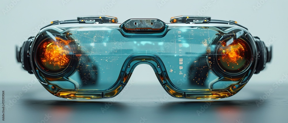 Poster a long shot of futuristic glasses with an abstract image in the middle of them