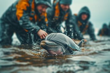 Marine Biologists Helping Beached Dolphin.