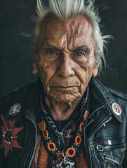 Photorealistic Old Latino Man with Blond Straight Hair vintage Illustration. Portrait of a person in Punk Subculture aesthetics. DIY fashion. Ai Generated Vertical Illustration.