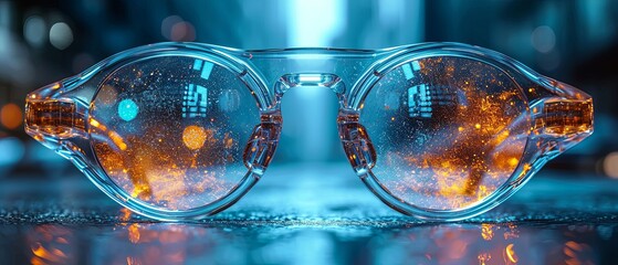 a long shot of futuristic glasses with an abstract image in the middle of them