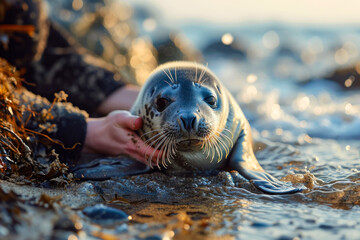 Human Touch Comforting a Wild Seal on Shore. - obrazy, fototapety, plakaty