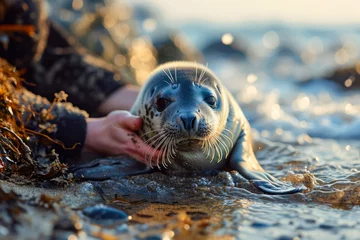Foto op Aluminium Human Touch Comforting a Wild Seal on Shore. © Fukume