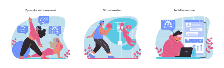 Experience the blend of virtual training and real-world fitness with dynamic movements, personal virtual coaches, and engaging social interactions in our VR Workout vectors. - obrazy, fototapety, plakaty