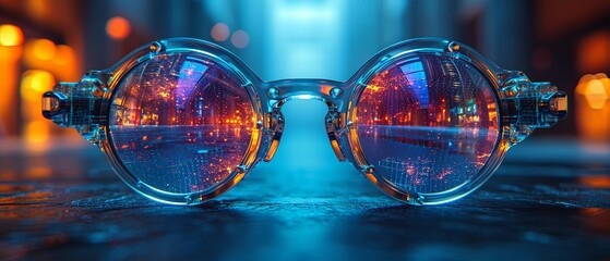 a long shot of futuristic glasses with an abstract image in the middle of them - obrazy, fototapety, plakaty