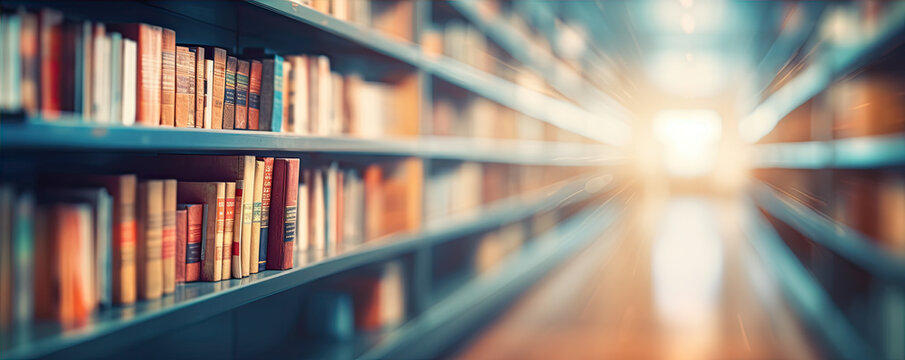 Bookshelf in school education place. Books in row with blured back.