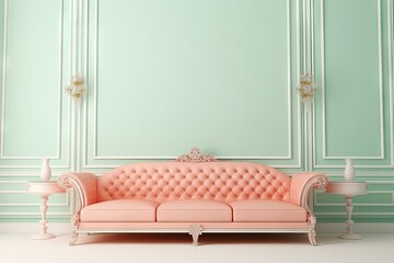 A mock-up featuring a peach-colored luxury sofa and a pastel green wall with white elements , ideal for upscale design presentations.