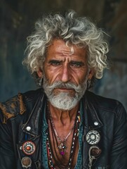 Photorealistic Old Persian Man with Blond Curly Hair vintage Illustration. Portrait of a person in Punk Subculture aesthetics. DIY fashion. Ai Generated Vertical Illustration.