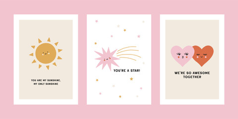 Set of hand drawn Valentines cards with cute smiling sun, star and hearts. Trendy modern greeting template. Lovely vector illustration for romantic holidays, Valentines design, prints. Lovely posters
