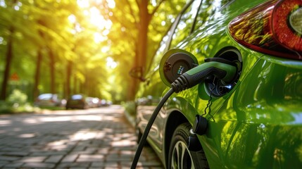 electric plug-in hybrid car at charging station point for electric vehicles.