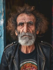 Photorealistic Old Persian Man with Brown Curly Hair vintage Illustration. Portrait of a person in Punk Subculture aesthetics. DIY fashion. Ai Generated Vertical Illustration.