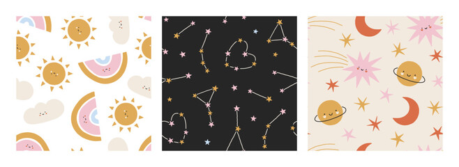 Set of cute childish vector seamless patterns. Trendy modern celestial background. Lovely cartoon patterns with stars, planets, constellations for nursery, Valentines designs, festive holidays