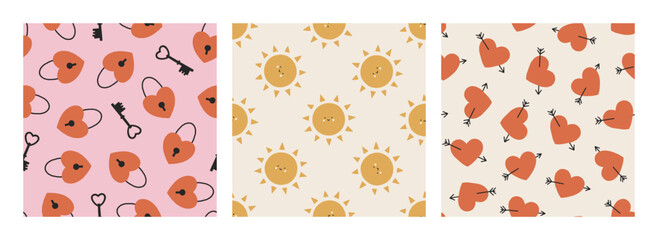 Set of Valentines vector seamless patterns. Trendy modern romantic background. Lovely cartoon patterns with sun, key, lock and heart for nursery, Valentines designs, romantic holidays, fabrics