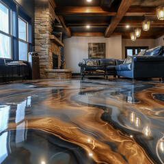Wooden home interior with epoxy glossy floor and stone fireplace