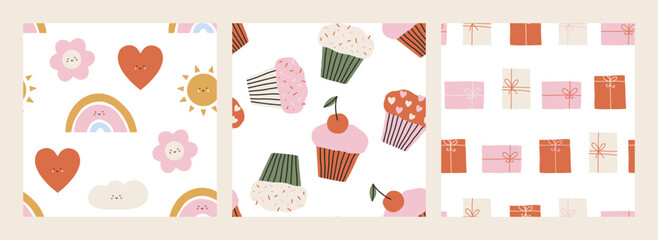 Set of cute childish vector seamless patterns. Trendy modern nursery background. Lovely cartoon patterns with cupcakes, gift boxes, flowers, hearts for nursery, Valentines designs, festive holidays