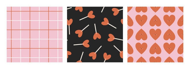 Set of Valentines vector seamless patterns. Groovy childish romantic background. Lovely cartoon patterns with grid, smiling hearts and lollipops for nursery, Valentines designs, romantic holidays