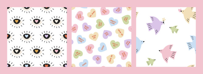 Set of Valentines vector seamless patterns. Groovy trendy romantic background. Lovely cartoon patterns with eyes, candy hearts and birds for Valentines designs, fabric, wallpaper. Love concept