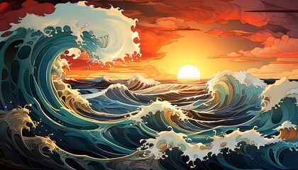 Dynamic Generative AI Seascape with Waves and Sunset, an Artistic Confluence of Motion and Color in Digital Art Form by Generative AI
