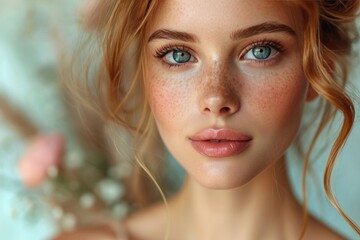A striking girl with freckles and piercing blue eyes stares intensely at the camera, her perfectly groomed eyebrows and luscious eyelashes adorned with bold makeup, as she holds onto a toy doll that  - obrazy, fototapety, plakaty