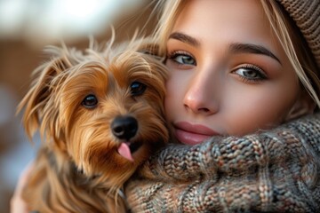A beautiful woman and her loyal dog, a fluffy brown breed, share an unbreakable bond as they pose for a captivating portrait together