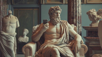 Marble statue posing with a smartphone - obrazy, fototapety, plakaty