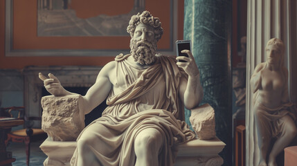 Marble statue posing with a smartphone