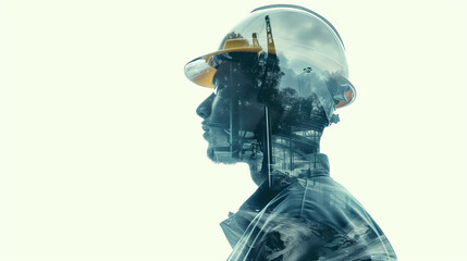 Double Exposure of Construction Worker and Industrial Scene