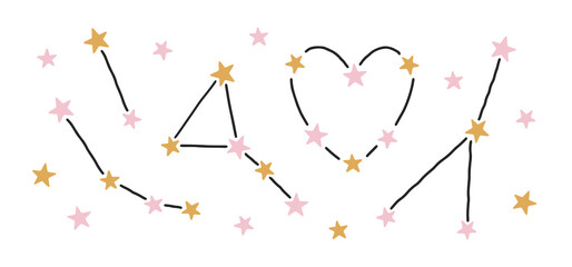 Cute set of hand drawn vector stars and constellations isolated on white background. Lovely celestial elements for Valentines day, festive design, romantic holidays. Charming cosmic art in flat style