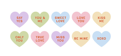 Cute set of hand drawn vector candy hearts isolated on white background. Lovely pastel conversation hearts for Valentines day, festive design, romantic holidays. Charming elements in flat style