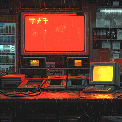 Refugio cibernético en la lluvia: un vistazo nostálgico a la era digital temprana bajo neón. - obrazy, fototapety, plakaty