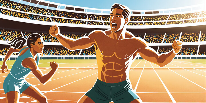 illustration in cartoon or icon style of athletes in competition, training, Olympics
