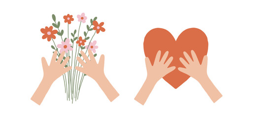 Cute vector Valentines hands holding bouquet of flowers and heart isolated on white background. Lovely illustrations for Valentines day, festive design, romantic holidays. Charming art in flat style
