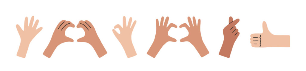 Hand drawn vector hand gestures set isolated on white. Okay and love symbol, high five, thumbs up, heart shape. Trendy hands poses. Support, love, volunteering charity, votes, hope, donation concept