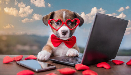 a puppy wearing valentine heart glasses conducting business with a laptop and cell phone, valentine hearts - obrazy, fototapety, plakaty