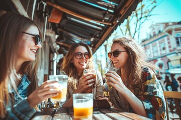 3 girls, friends having a drink together on a sunny terrace. 3 copines qui prennent un verre ensemble sur une terrasse ensoleillée.