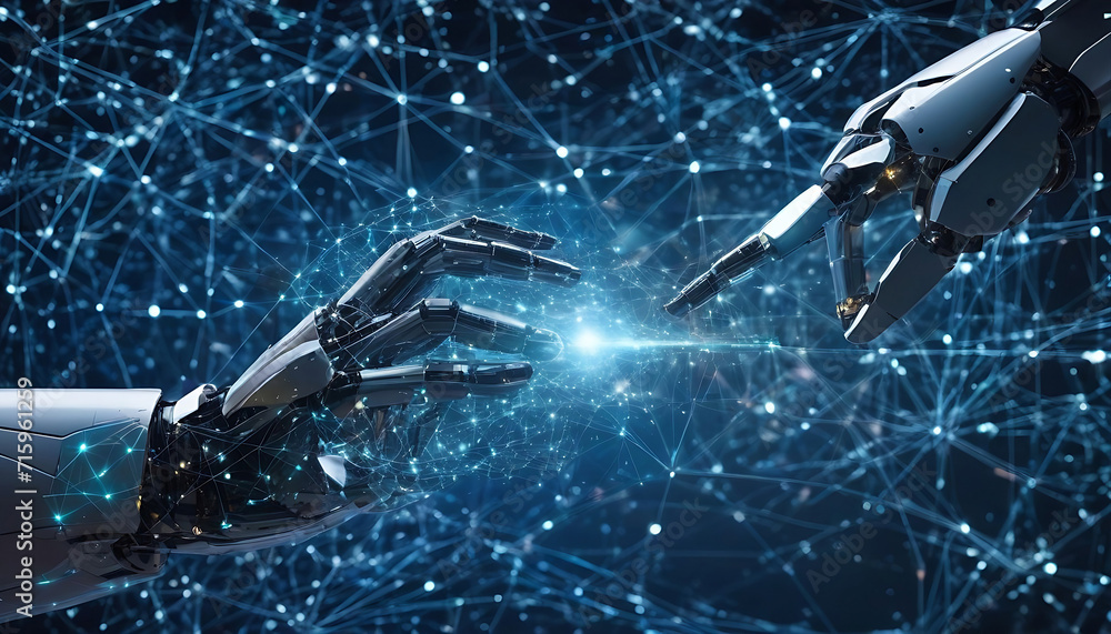 Wall mural a robot and a human touch hands against the backdrop of a big data network connection, symbolizing t