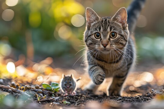 A fierce felidae chasing its prey, with wildcat instincts and domestic cat agility, whiskers twitching as it pounces on the unsuspecting mouse in the outdoor setting - Powered by Adobe