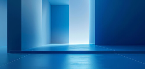 Spacious blue minimalist room with soft light and shadows.