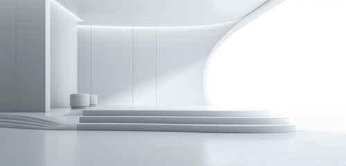 Modern minimalist room with steps in white and grey colours for product display.	