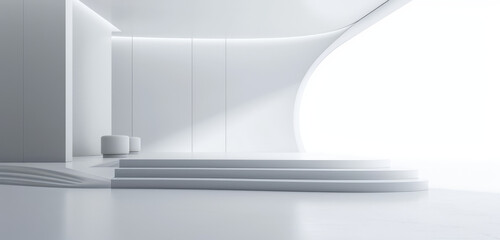 Fototapeta premium Modern minimalist room with steps in white and grey colours for product display. 