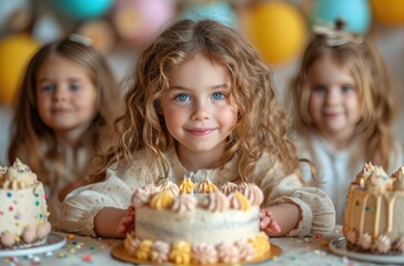 A jubilant toddler beams with delight as she presents her masterpiece - a meticulously decorated birthday cake, adorned with vibrant buttercream and royal icing details, symbolizing the sweetness of 